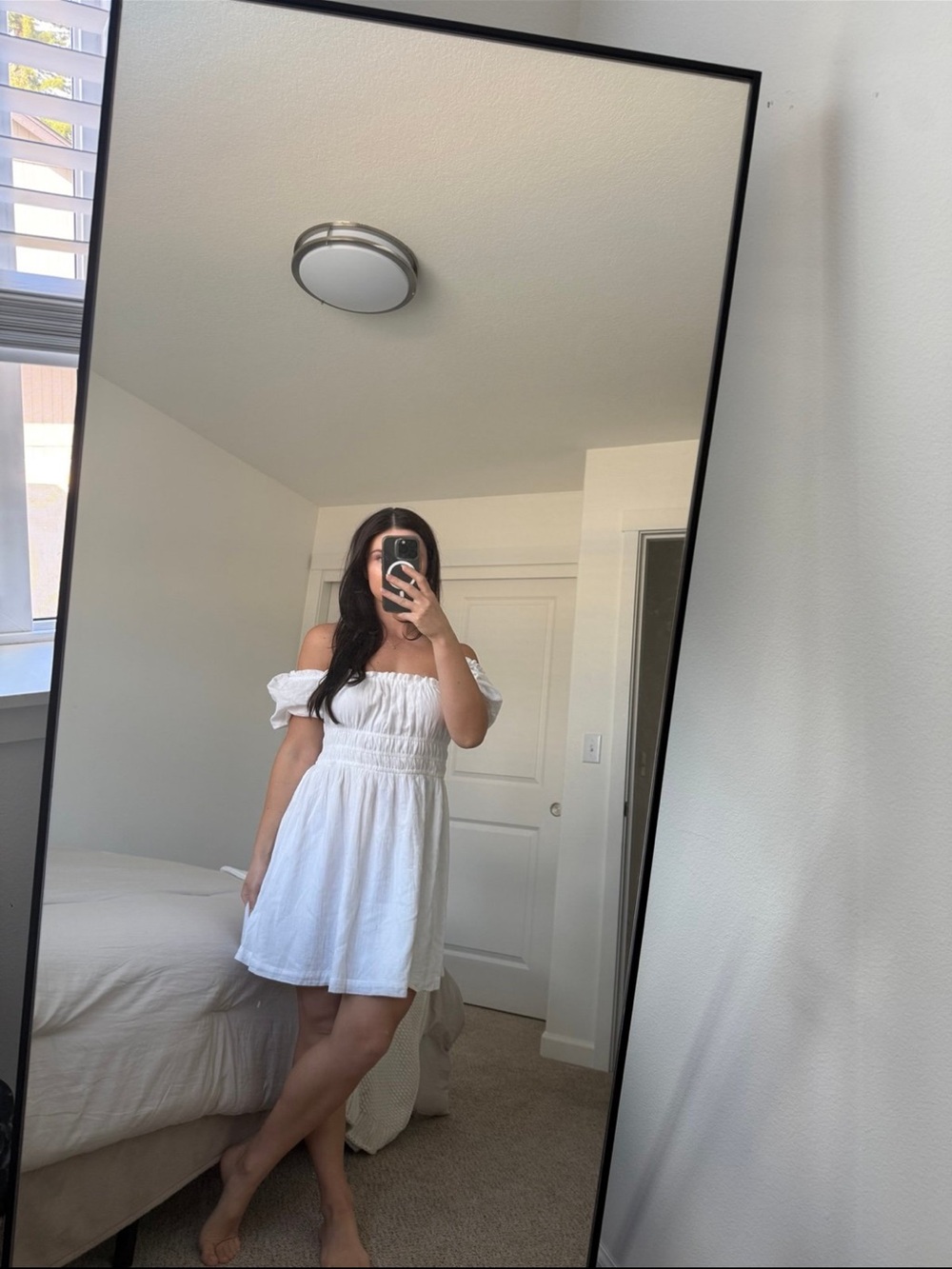 bp White Off-Shoulder Smocked Mini Dress